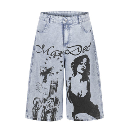 Character printed denim cropped pants Blue