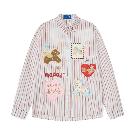 Striped Long Sleeve Lapel Collar Loose Casual Shirt Pink