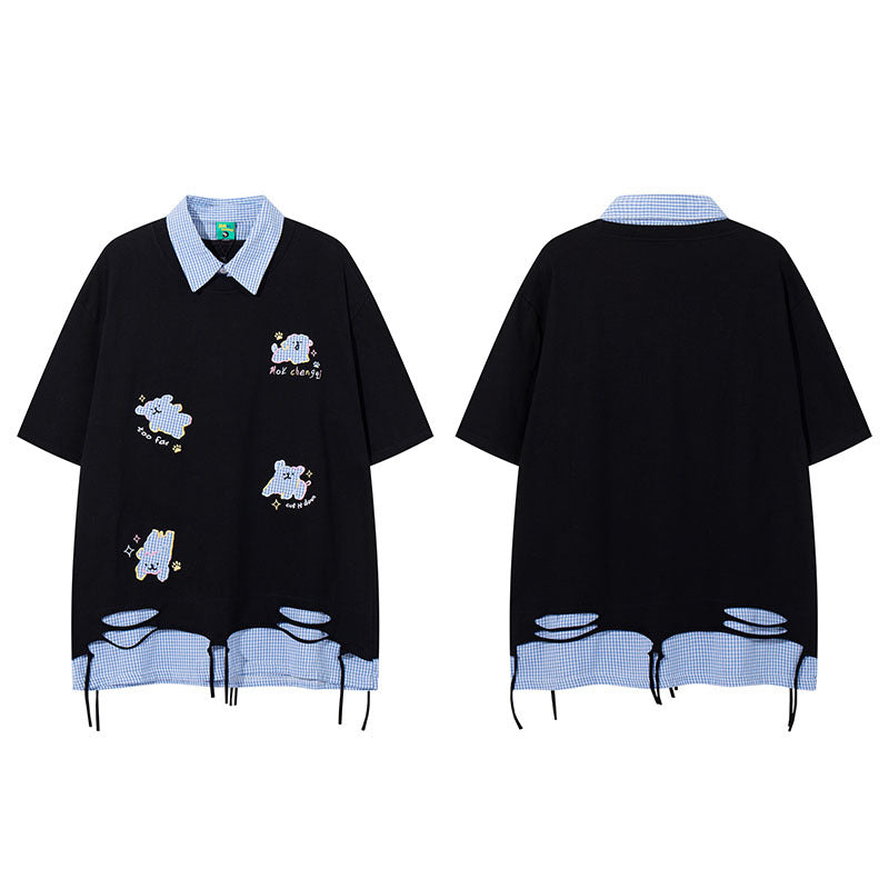 Loose Turn-down Collar Short Sleeve T-Shirt For Women | MuddyStock Originals 2506-Black MuddyStock