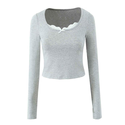 V-neck lace lace long sleeved T-shirt for women+low waisted drawstring tied casual pants two-piece set | MuddyStock Originals