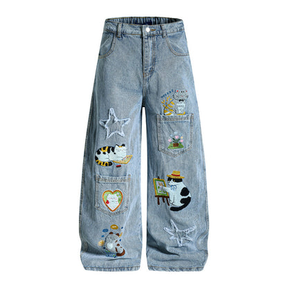 Retro Cartoon Embroidery Denim Pants, Unisex Streetwear Loose Fit Couple Casual Versatile Wide Leg Long Pants