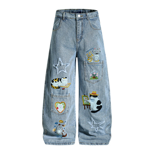 Retro Cartoon Embroidery Denim Pants, Unisex Streetwear Loose Fit Couple Casual Versatile Wide Leg Long Pants