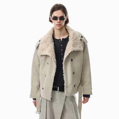 Double-Breasted Stand Collar Belted Relaxed Fit Men's Cotton Jacket