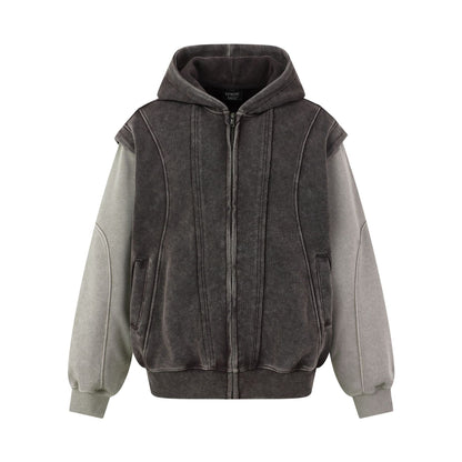 Washed Distressed Deconstructed Color Block Zip Front Hooded Loose Fit Fake Two-Piece Spliced Men's Jacket Gray