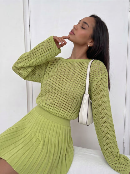 Hollow-out Knit Two-Piece Set Women Relaxed Sweater Pleated Mini Skirt 26119-Green