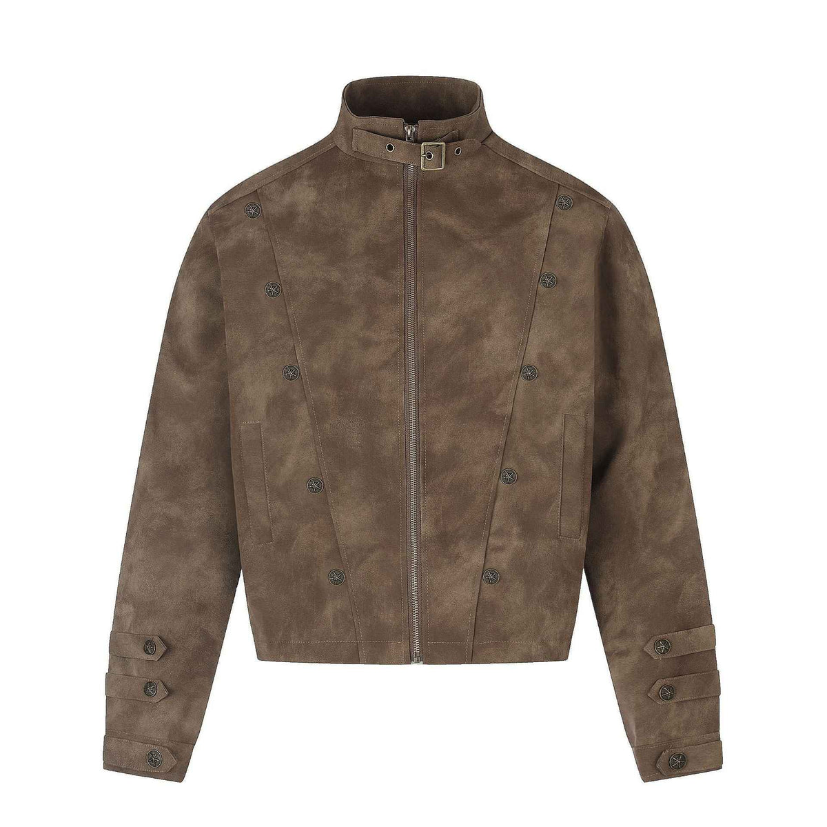 Faux Suede Metal Button Stand Collar Cropped Motorcycle Jacket for Men | MuddyStock Originals Khaki