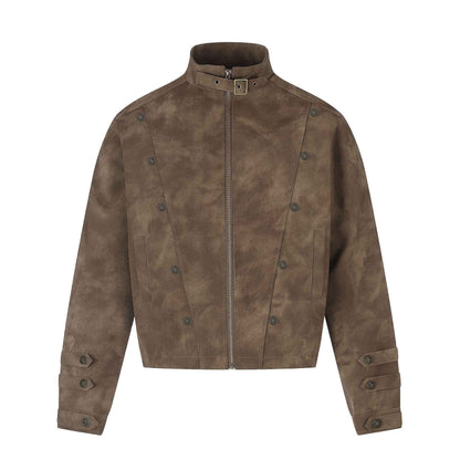 Faux Suede Metal Button Stand Collar Cropped Motorcycle Jacket for Men | MuddyStock Originals Khaki