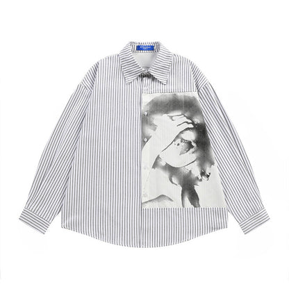 Men's Dark Hip-Hop Loose Face Print Vertical Stripes Long Sleeve Collared Shirt White