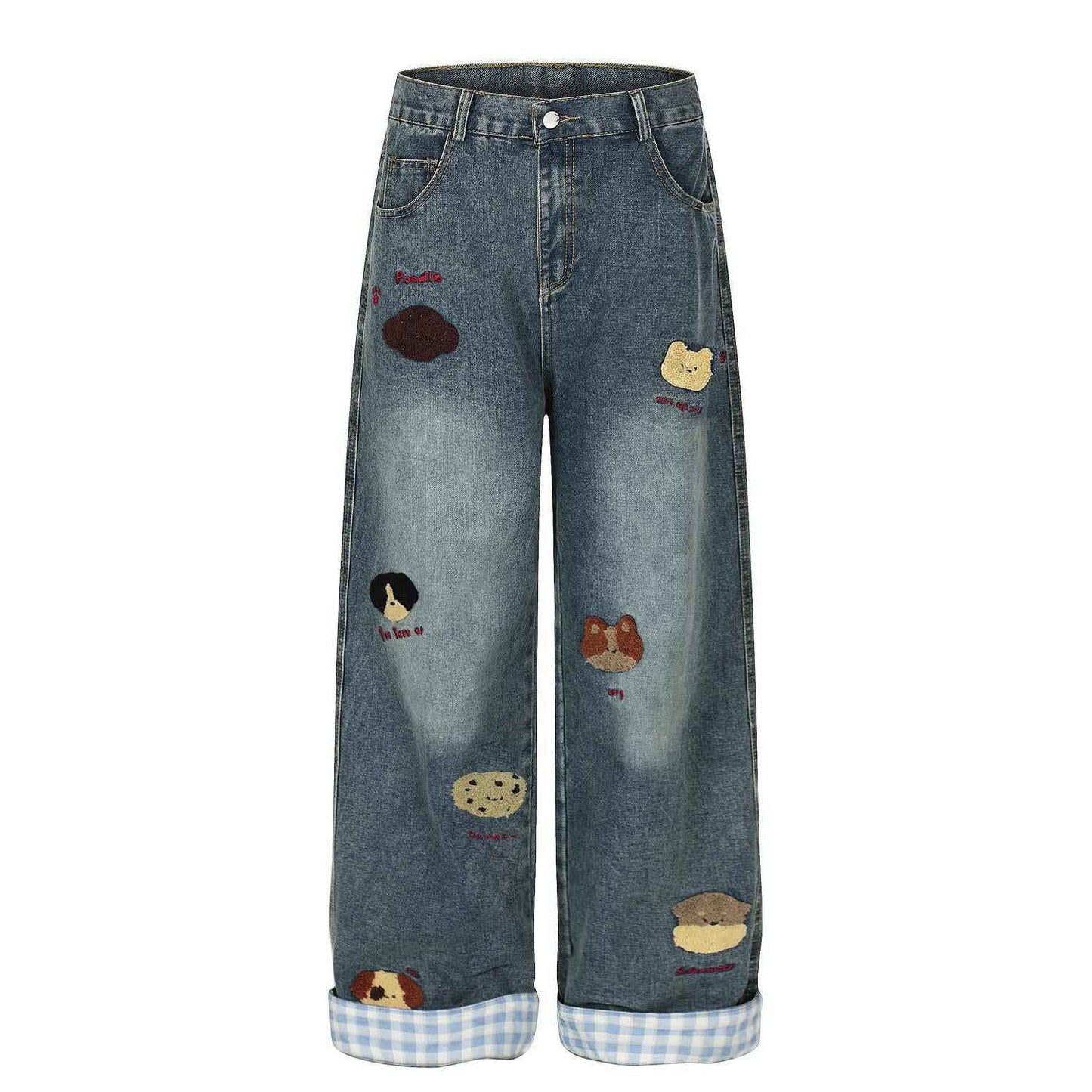 Washed vintage puppy embroidered lazy jeans for women | MuddyStock Originals Blue MuddyStock