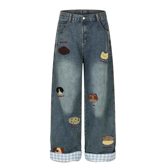 Washed vintage puppy embroidered lazy jeans for women | MuddyStock Originals Blue MuddyStock