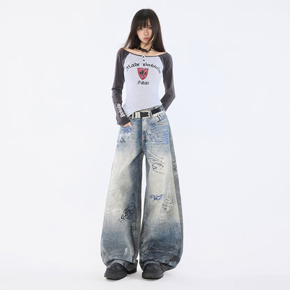 Graffiti Distressed High Waist Wide Leg Jeans For Women | MuddyStock Originals