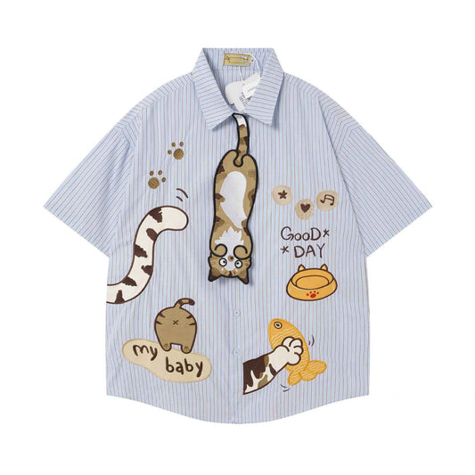 Cat Fishing Cartoon Design Short Sleeve Shirt For Women | MuddyStock Originals