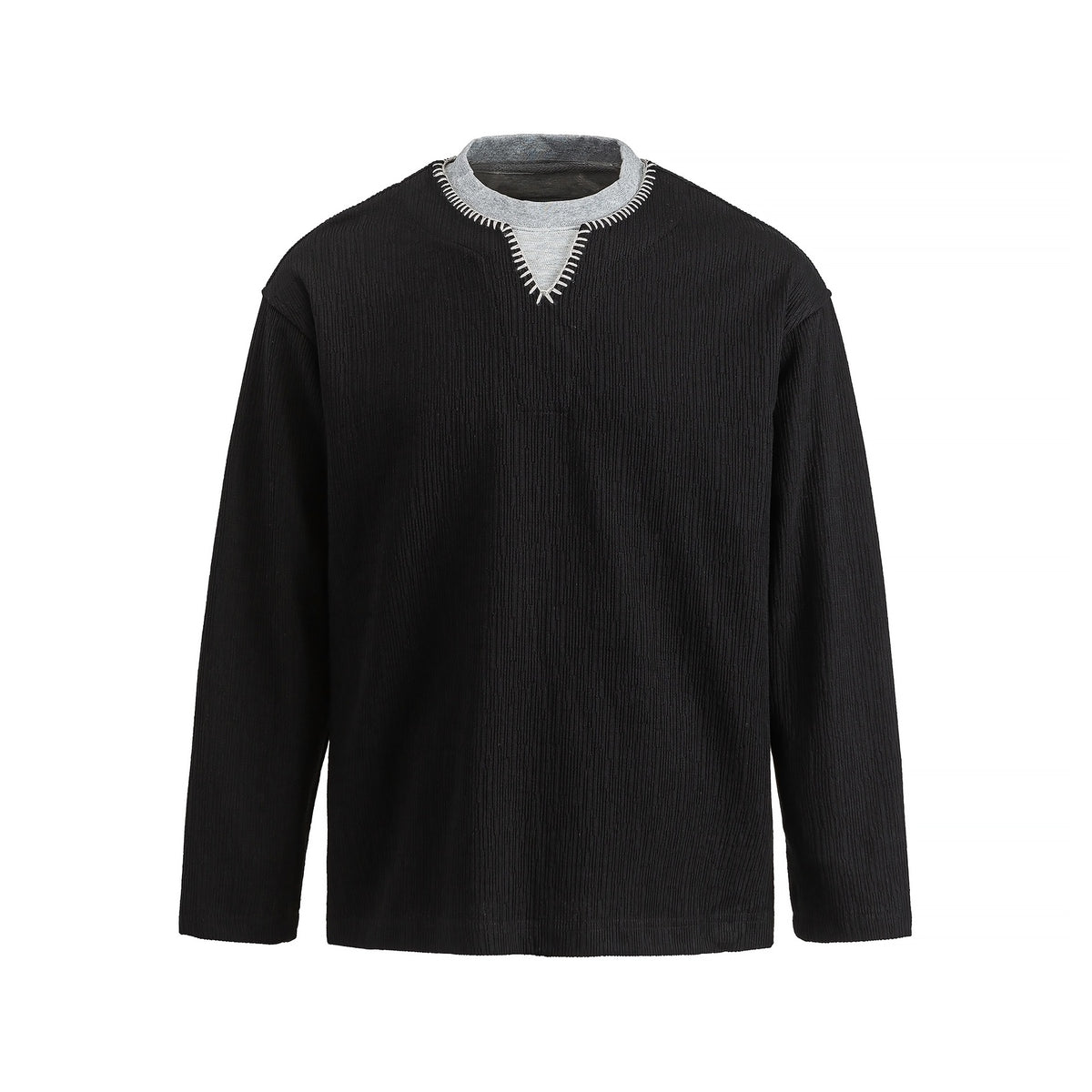 Loose Textured Mock Two-Piece Long Sleeve T-Shirt For Men | MuddyStock Originals Black