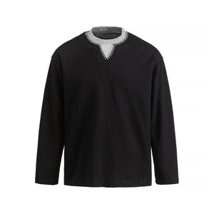 Loose Textured Mock Two-Piece Long Sleeve T-Shirt For Men | MuddyStock Originals Black