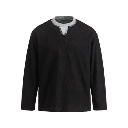 Loose Textured Mock Two-Piece Long Sleeve T-Shirt For Men | MuddyStock Originals Black