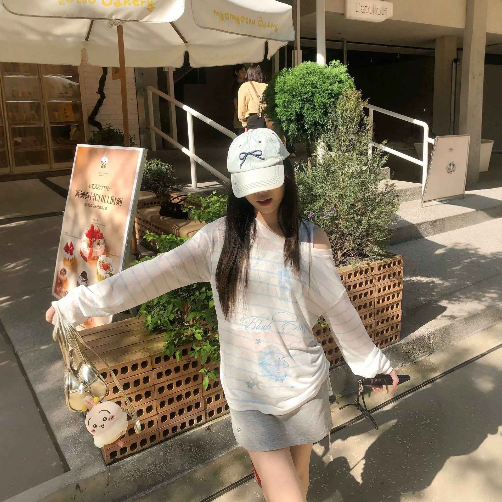 Stripe Jellyfish Print Loose Top for Women, Lightweight Side Drawstring Slimming Long Sleeve Shirt