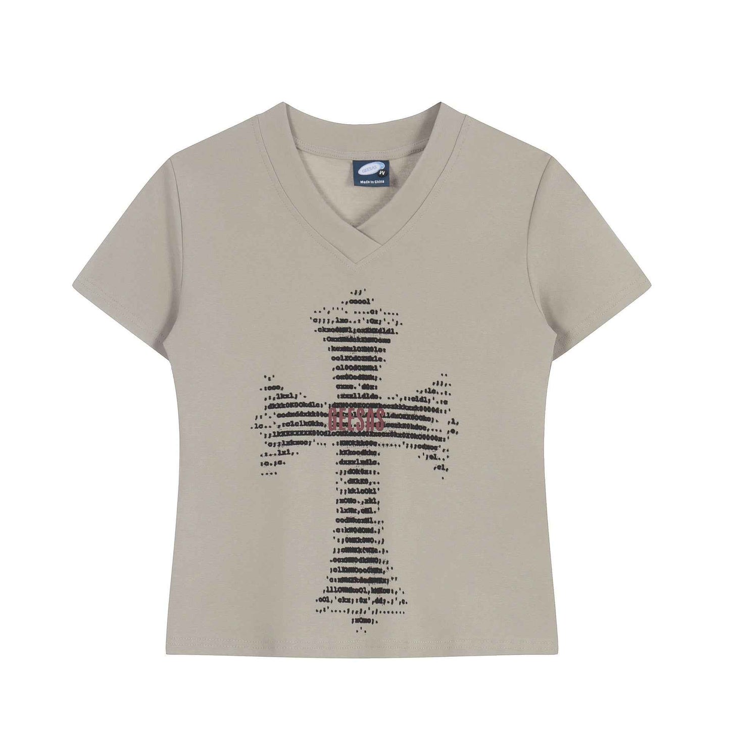Print V-Neck Short Sleeve T-Shirt, Shoulder Length, Casual Style Khaki