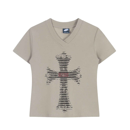 Print V-Neck Short Sleeve T-Shirt, Shoulder Length, Casual Style Khaki