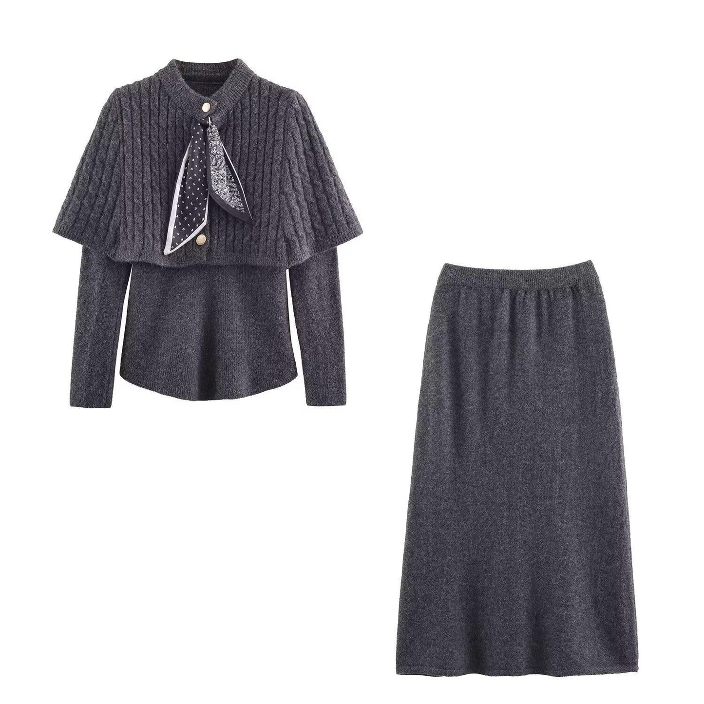 Women's Knit Three-Piece Set with Scarf Sleeve Top and Matching Pants | MuddyStock Originals Dark Gray Set