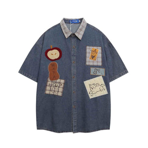 Retro Dog Embroidery Splicing Turn-Down Collar Denim Short Sleeve Shirt For Men Ands Women Denim Blue