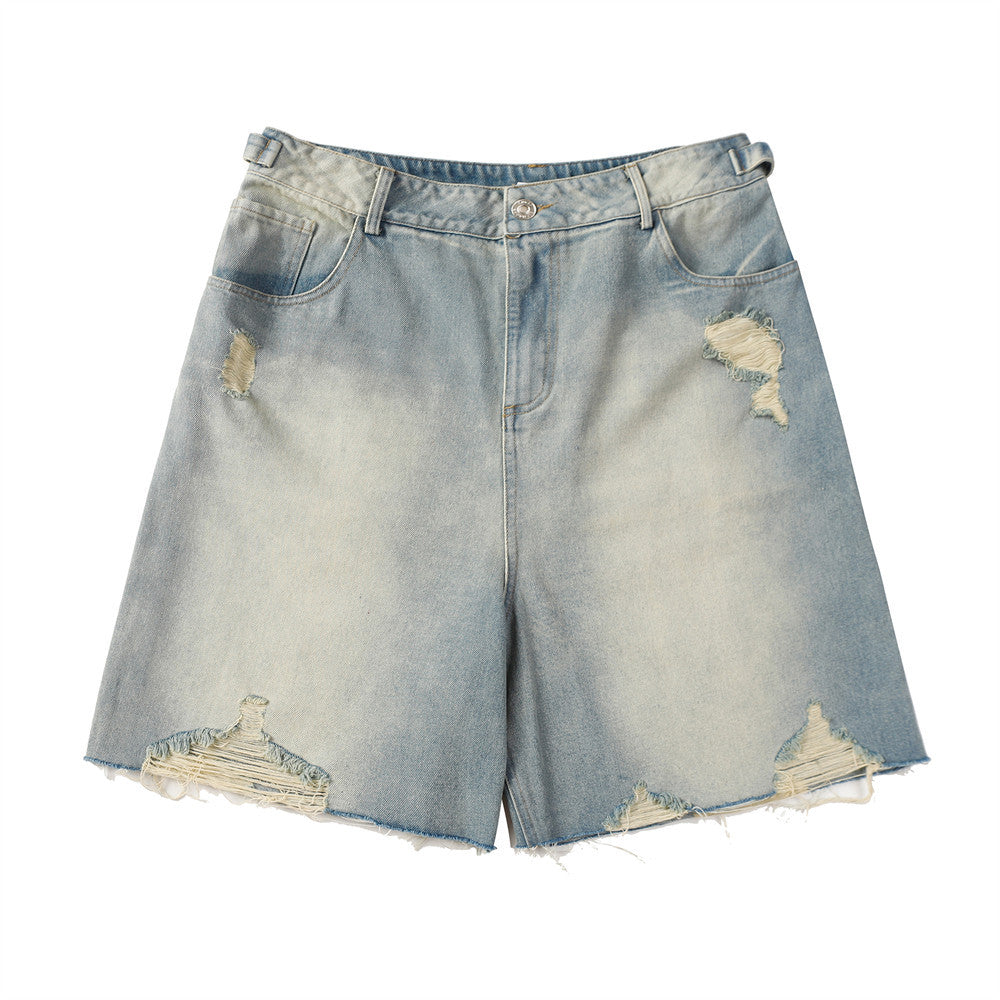 Heavy Distressed Washed Denim Shorts Men's Punk Frayed Hem Loose Straight Leg Five-Quarter Pants Summer Blue