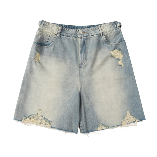 Heavy Distressed Washed Denim Shorts Men's Punk Frayed Hem Loose Straight Leg Five-Quarter Pants Summer Blue