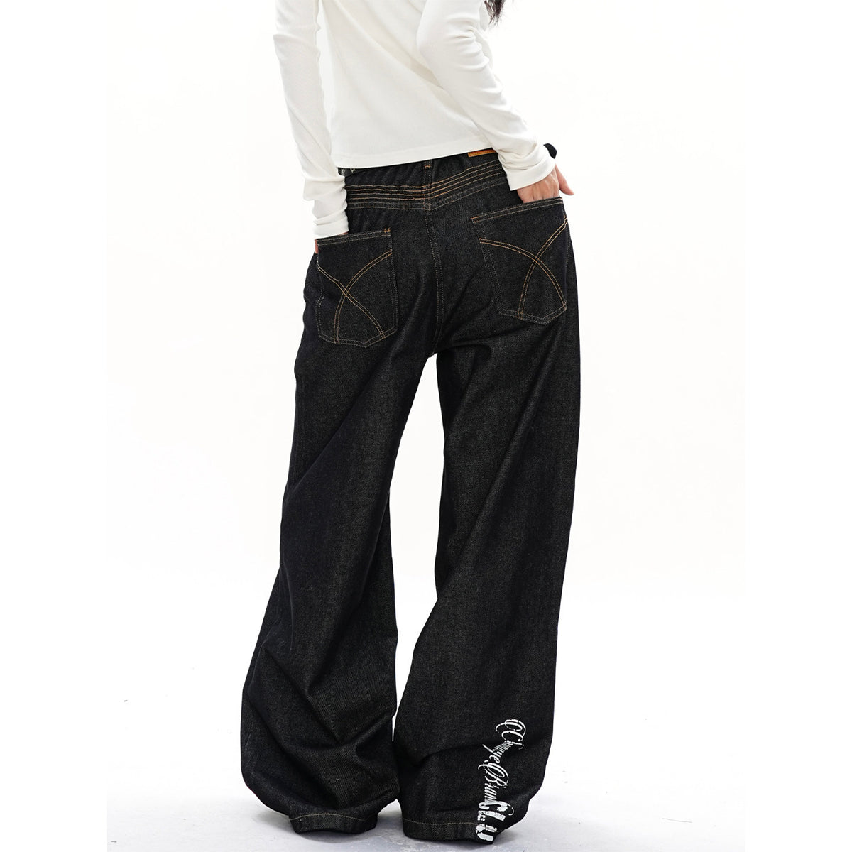 Straight Leg Wide Leg Jeans for Women, Solid Color Print,Street Retro Style, Casual Long Pants