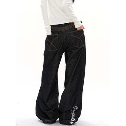 Straight Leg Wide Leg Jeans for Women, Solid Color Print,Street Retro Style, Casual Long Pants