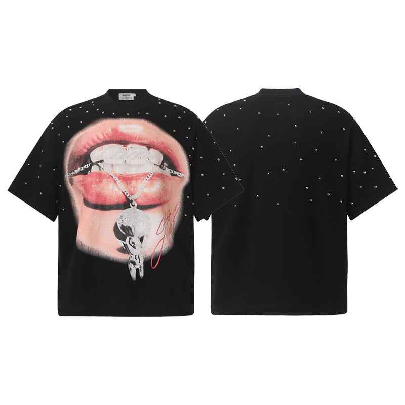 Red lip diamond print short sleeved t-shirt for men and women | MuddyStock Originals
