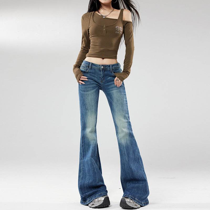 Women's Vintage Blue Low Waist Design Sense Hip-Lifting Trumpet Floor-Length Pants Vintage Blue # Extended Length eprolo