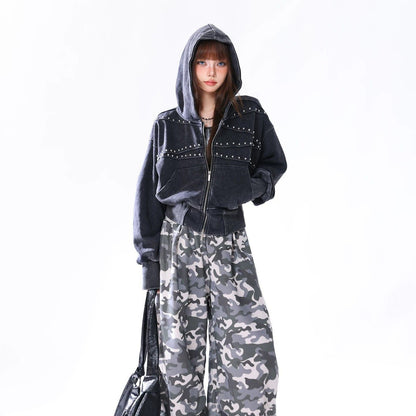 Vintage Distressed Waist-cinched Hooded Sweatshirt Versatile Womens Jacket All Products