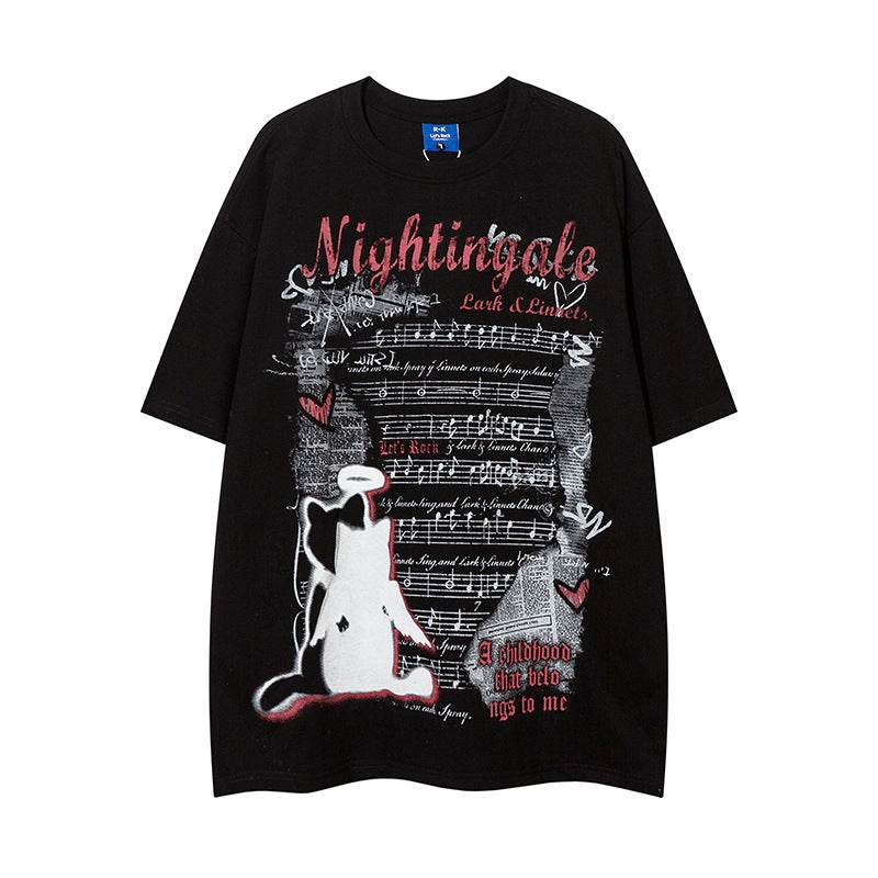 Music Score Letter Print Short-sleeve Women Black MuddyStock