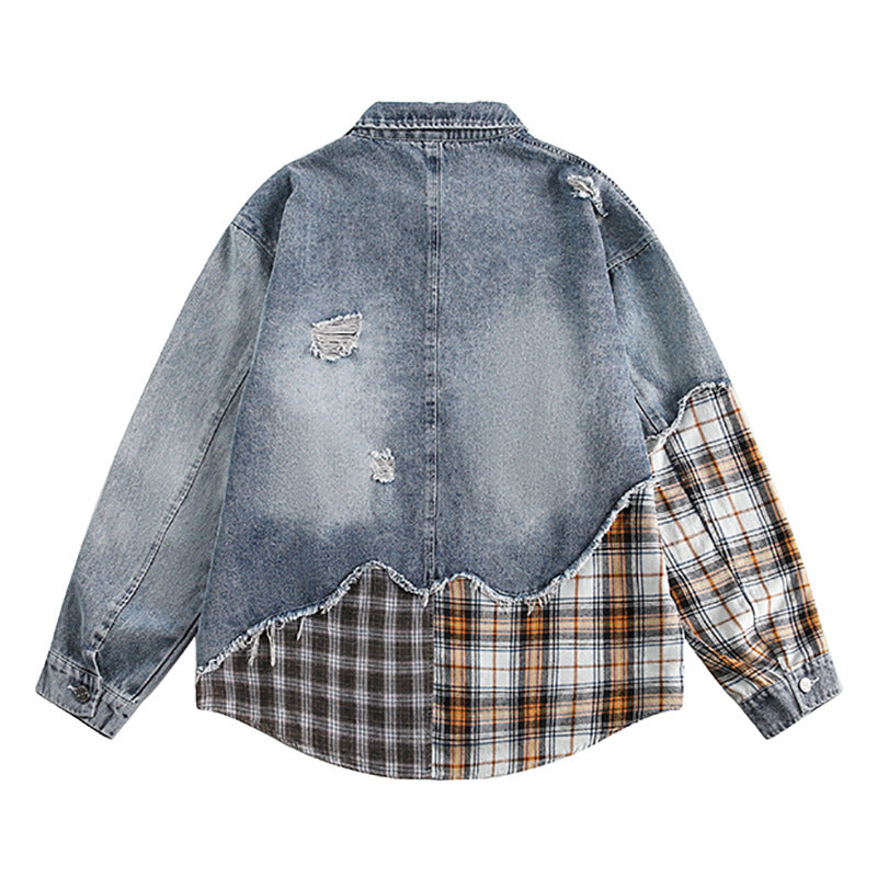 Irregular Stitching Plaid Denim Jacket For Women MuddyStock null