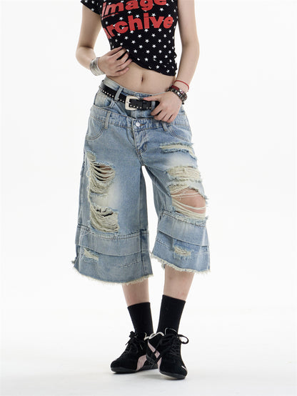 Ripped Denim Cropped Pants For Women Blue