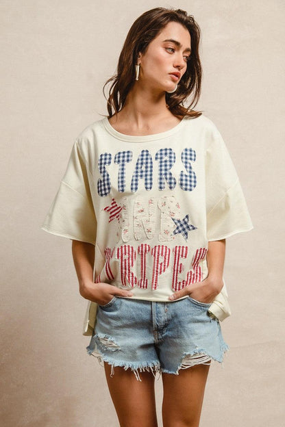 Mix And Match Stars And Stripes Patchwork Short Sleeve T-Shirt For Women