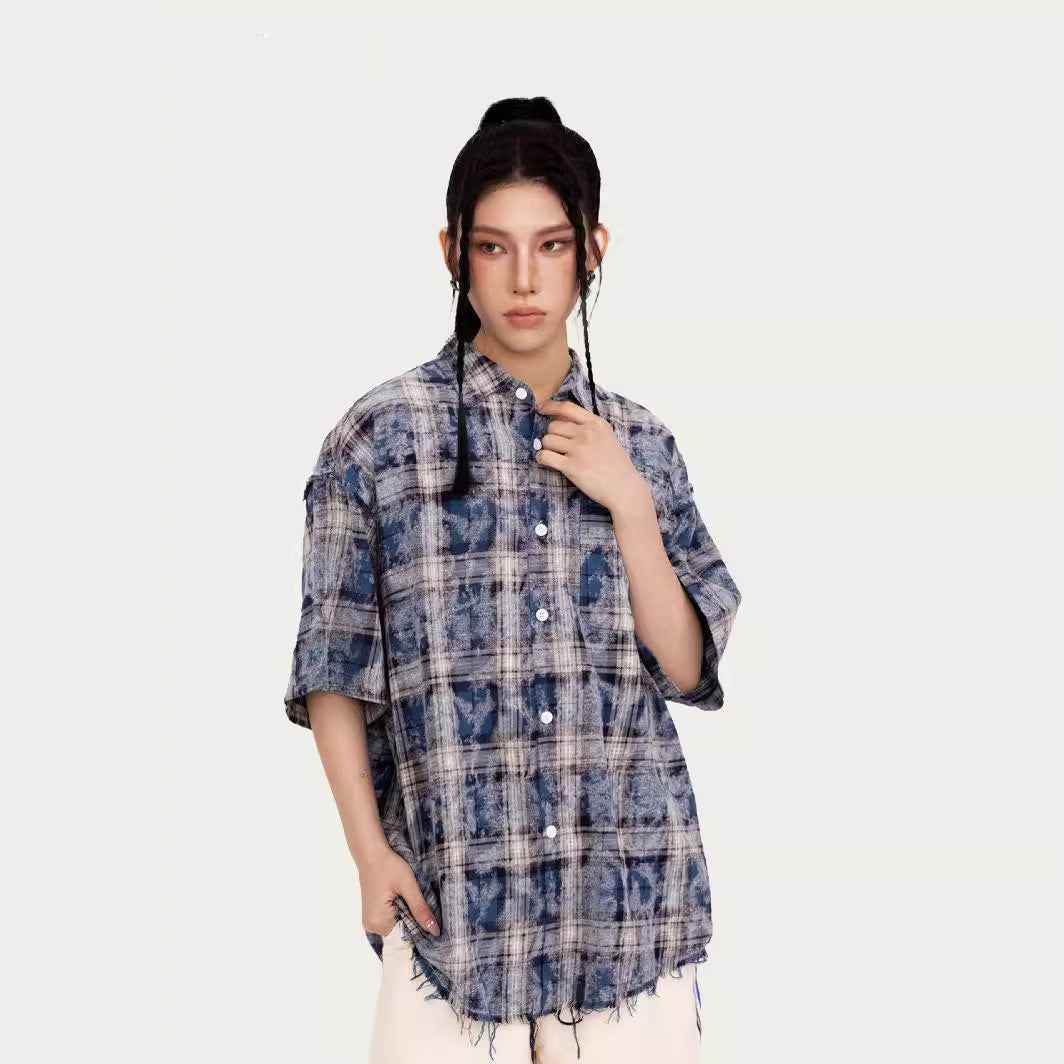 American Tie-dye Short Sleeve Plaid Shirt For Women MuddyStock