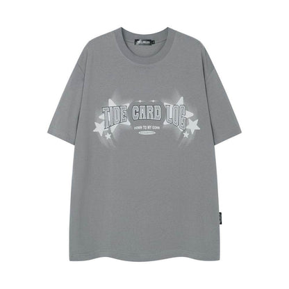 Five-pointed Star Fuzzy Printed Short-sleeved T-shirt Men's Loose Gray MuddyStock