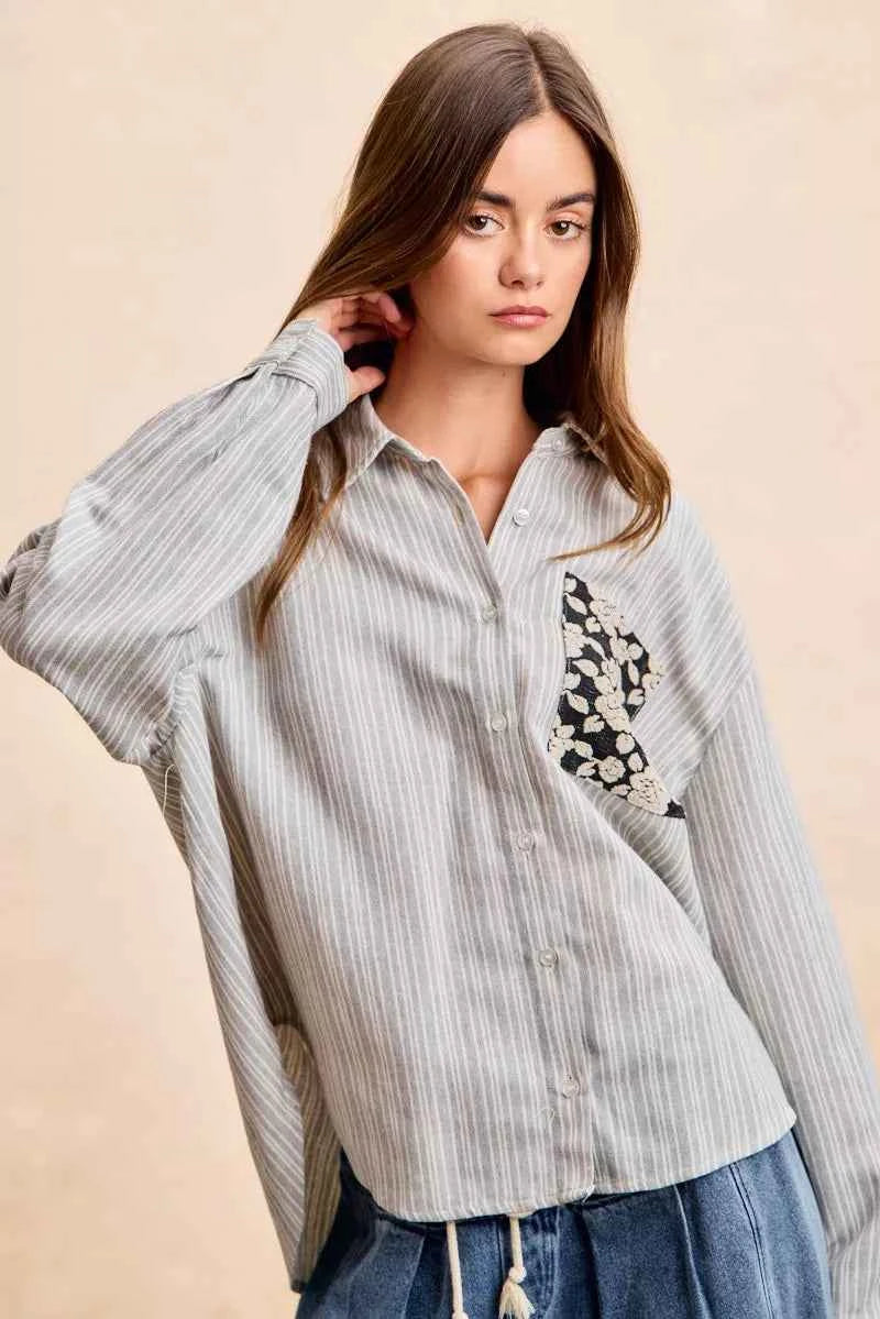 Flower Jacquard Knit Patch Pocket Stripe Shirt For Women Trendsi