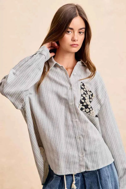 Flower Jacquard Knit Patch Pocket Stripe Shirt For Women Trendsi