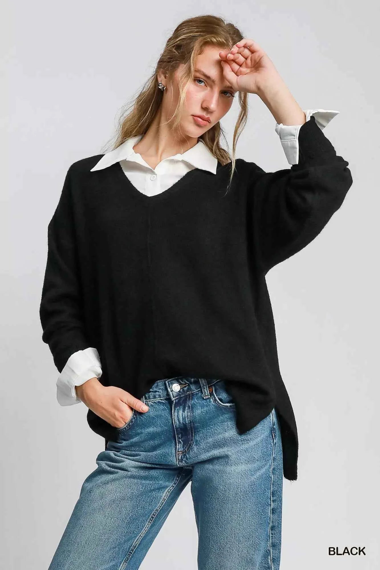 Umgee Wool Blended Pullover Sweater For Women Black Trendsi