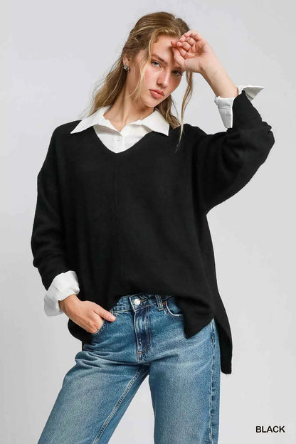 Umgee Wool Blended Pullover Sweater For Women Black Trendsi