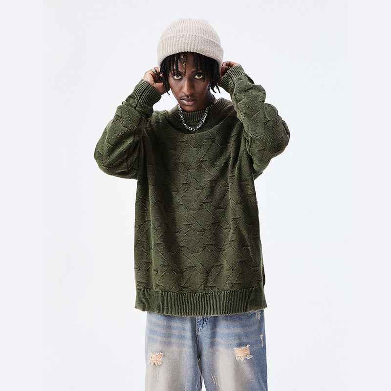 Men's Fashion Heavy Washed And Worn Round Neck Sweater MuddyStock