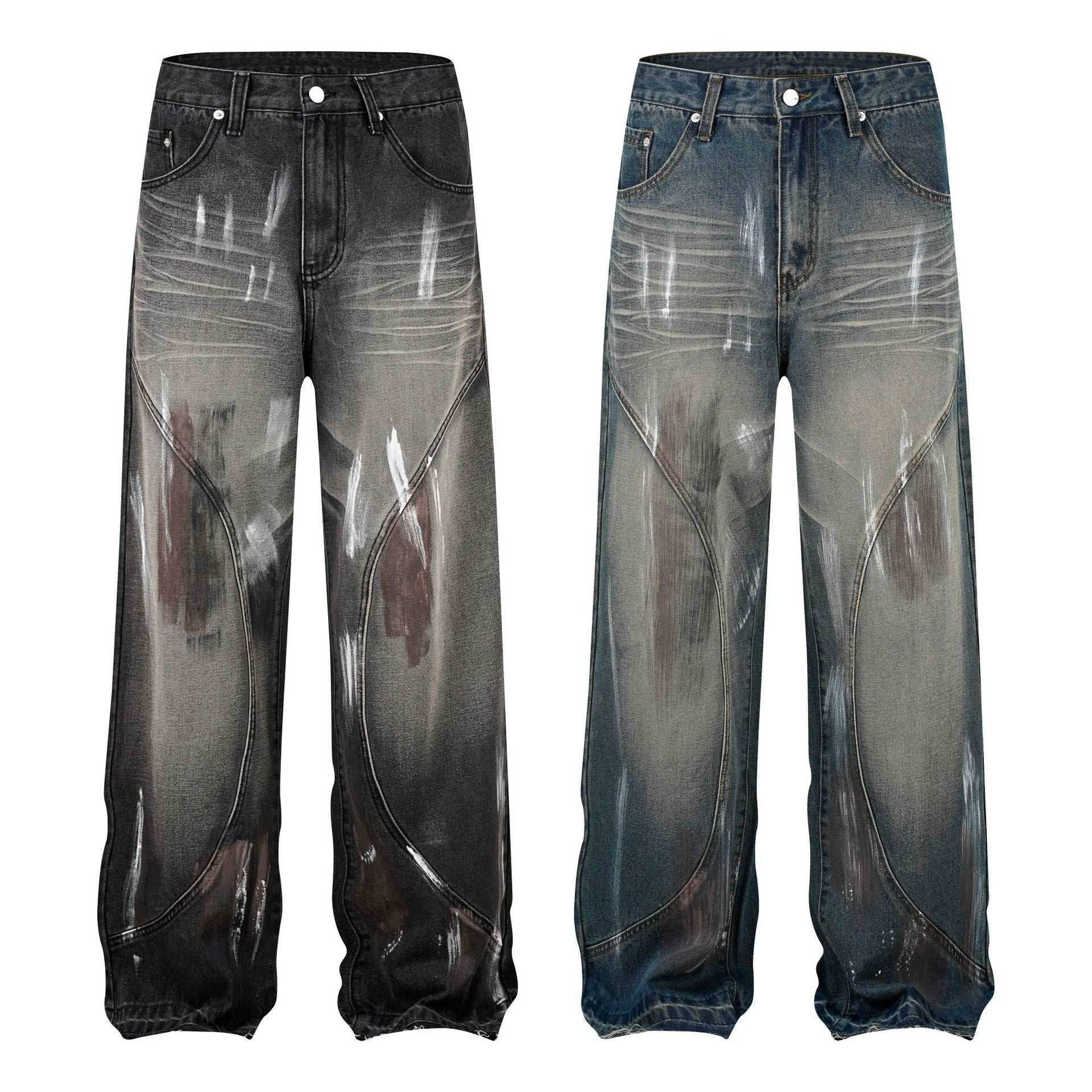 Retro Washed Distressed Graffiti Stitching Jeans Wide-leg Straight Trousers MuddyStock