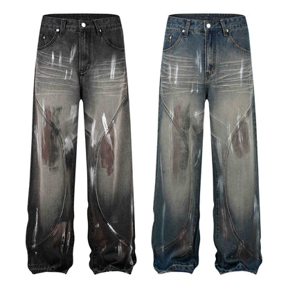 Retro Washed Distressed Graffiti Stitching Jeans Wide-leg Straight Trousers MuddyStock