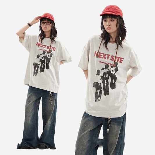 Character Abstract Graphic Print Crew Neck Short Sleeve For Women MuddyStock