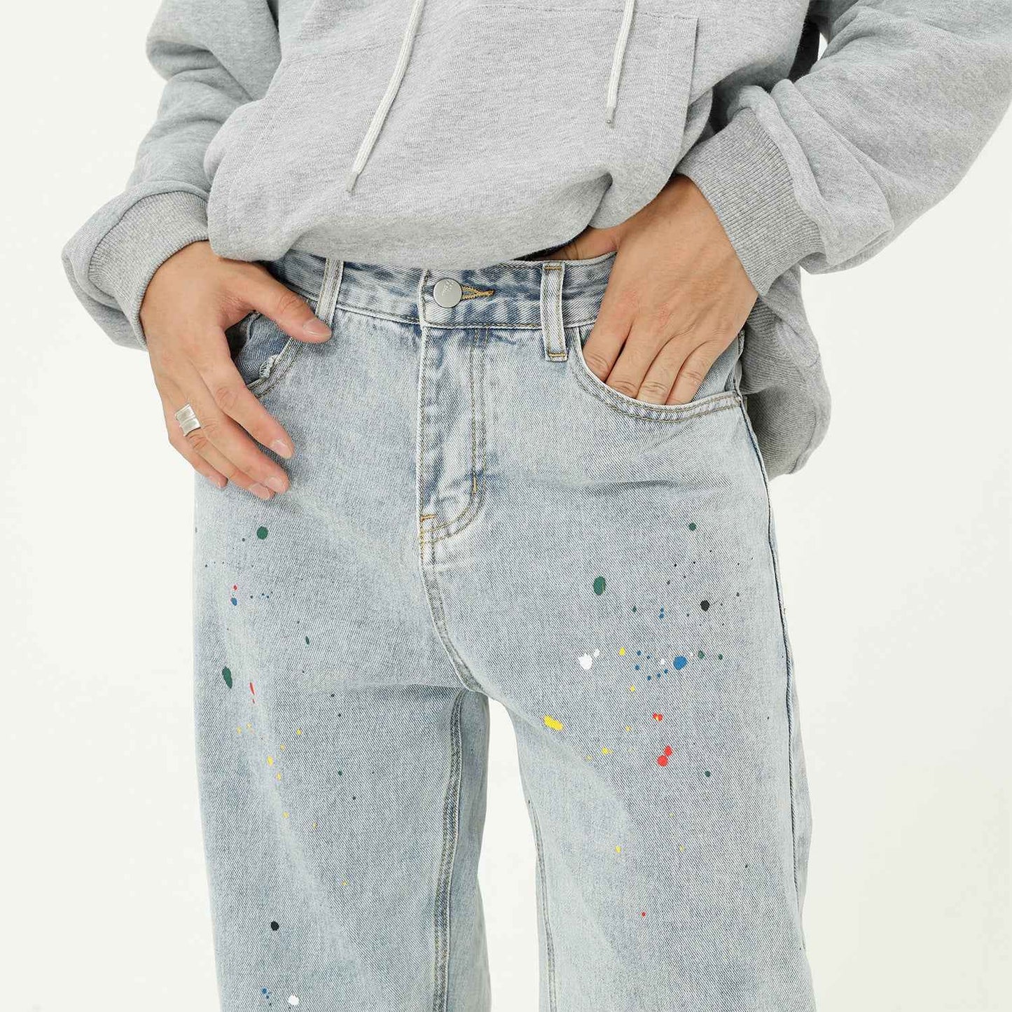 Paint Splash Blue Straight Loose Jeans For Men MuddyStock