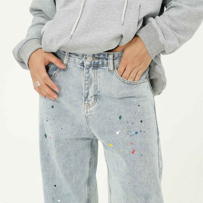 Paint Splash Blue Straight Loose Jeans For Men MuddyStock