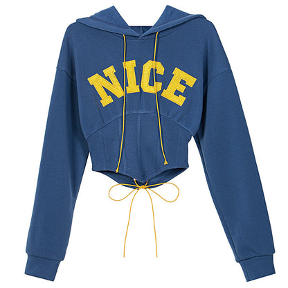 Fashion Letter Embroidered Long Sleeve Hoodie Navy Blue All Products