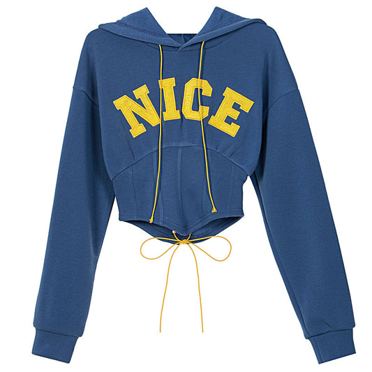 Fashion Letter Embroidered Long Sleeve Hoodie Navy Blue All Products