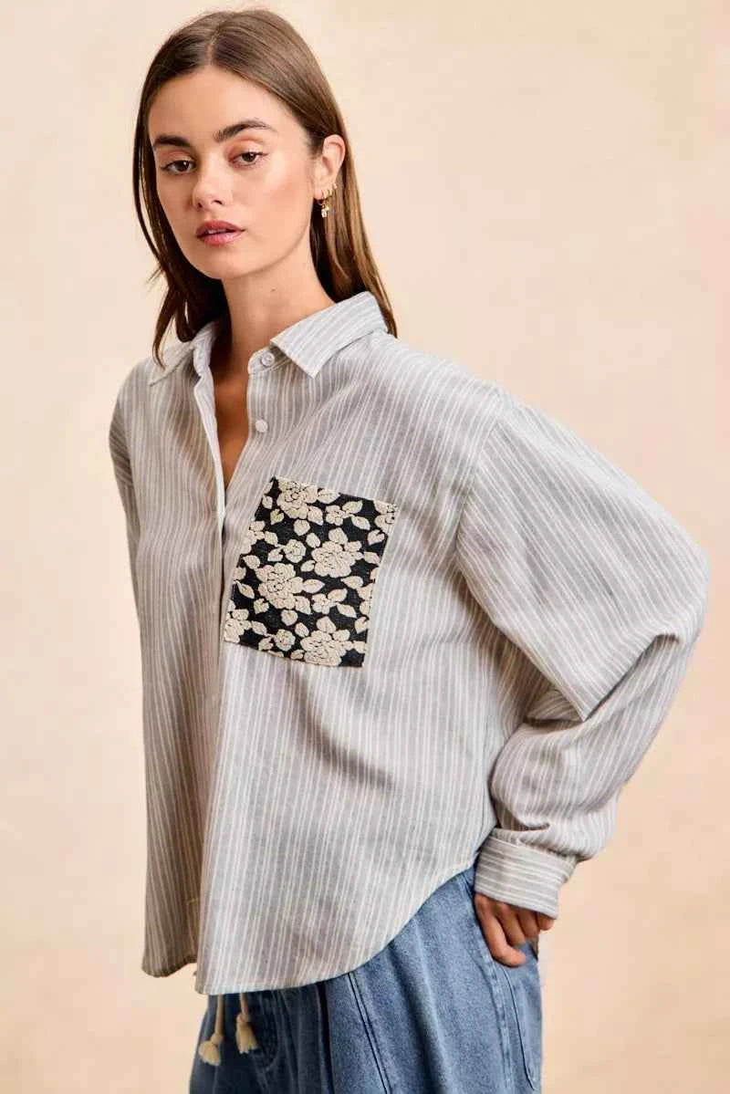 Flower Jacquard Knit Patch Pocket Stripe Shirt For Women Trendsi